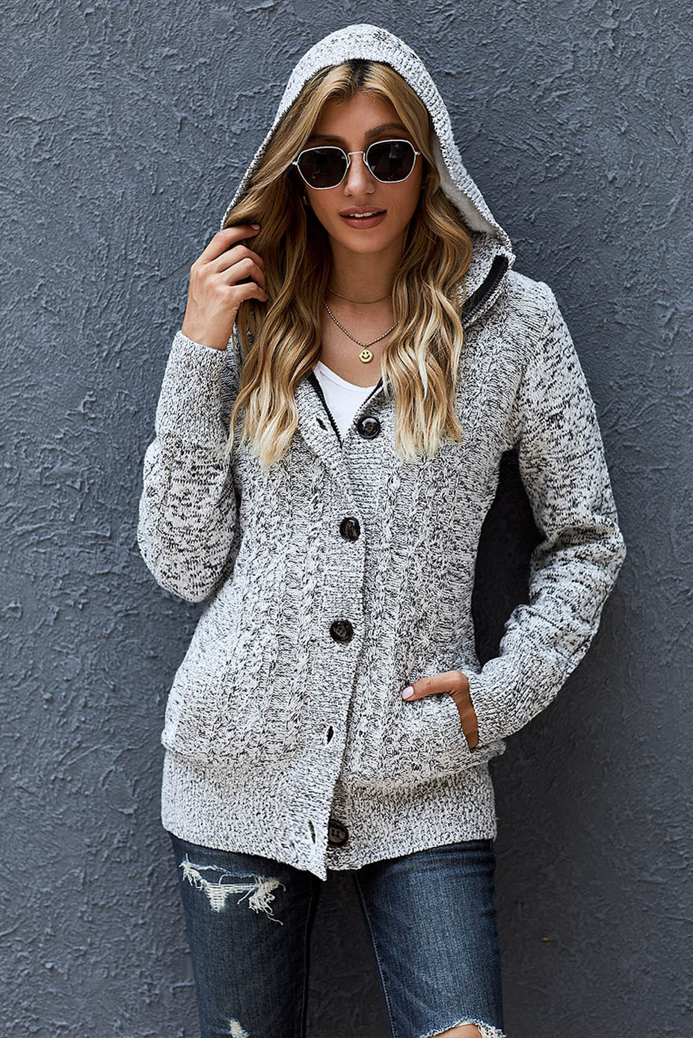 Cable-Knit Fleece Lining Button-Up Hooded Cardigan - GlamZation