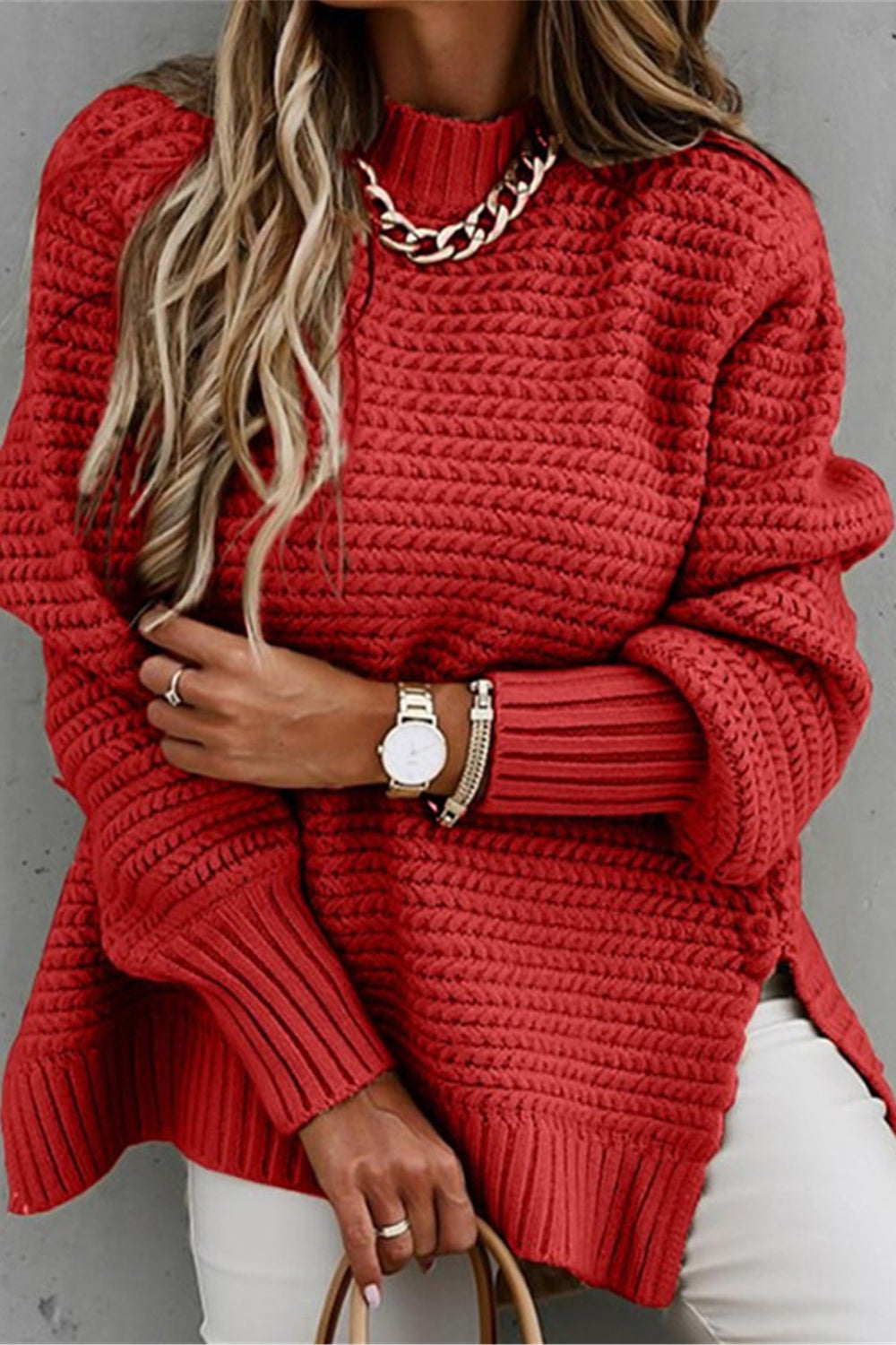 Round Neck Slit Sweater