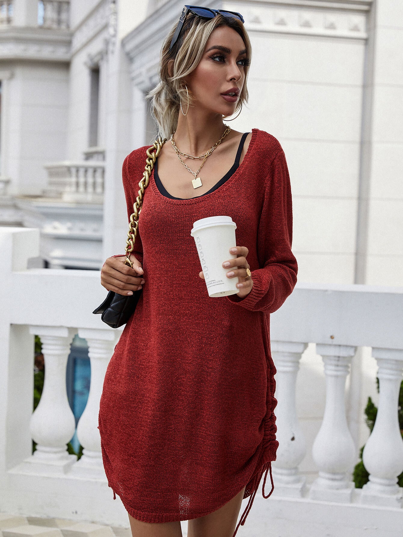 Drawstring Detail Open Back Scoop Neck Knit Top - GlamZation