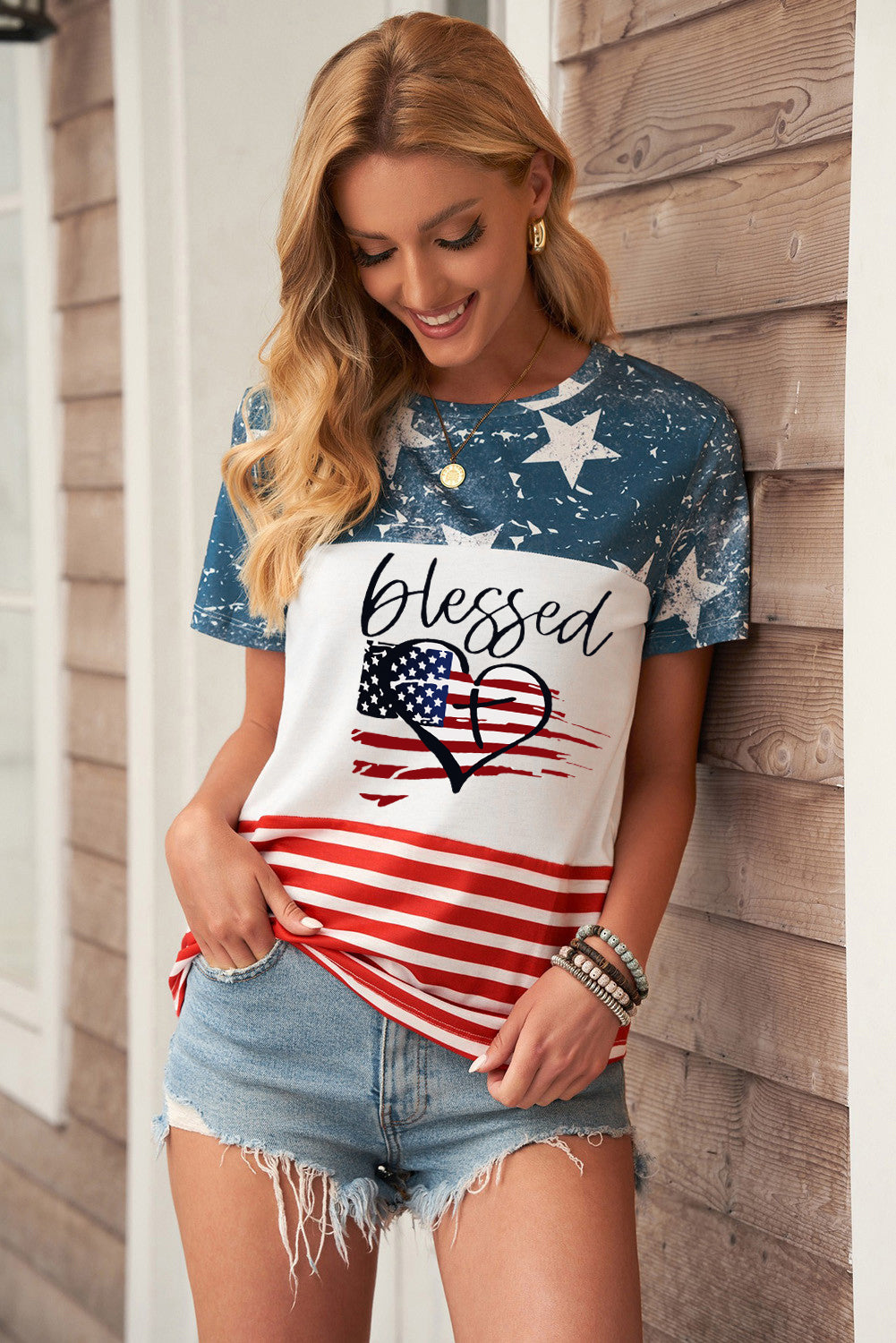 BLESSED Stars and Stripes Color Block T-Shirt - GlamZation