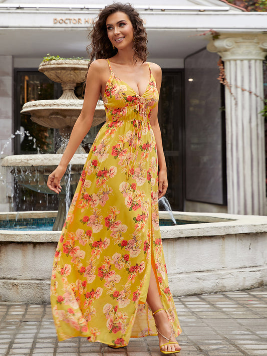 Floral Side Split Spaghetti Strap Maxi Dress - GlamZation