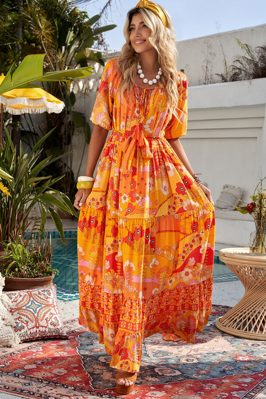 Bohemian Tie-Waist Tiered Maxi Dress - GlamZation