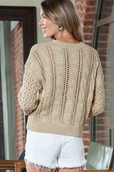 Full Size Openwork Cable-Knit Round Neck Knit Top