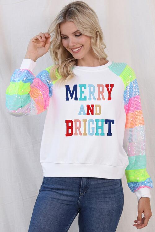 MERRY AND BRIGHT Sequin Long Sleeve Sweatshirt