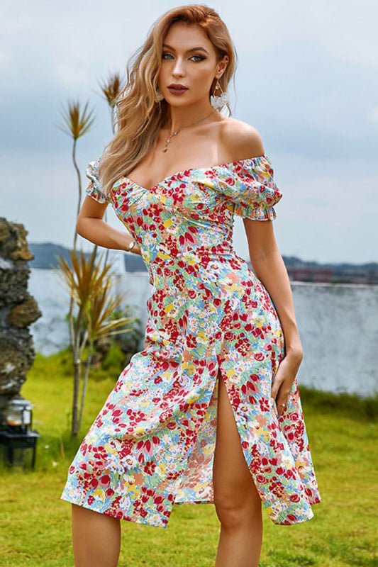 Floral Off-Shoulder Puff Sleeve Split Dress