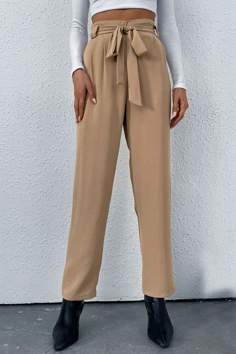 Belted Straight Leg Pants with Pockets - GlamZation