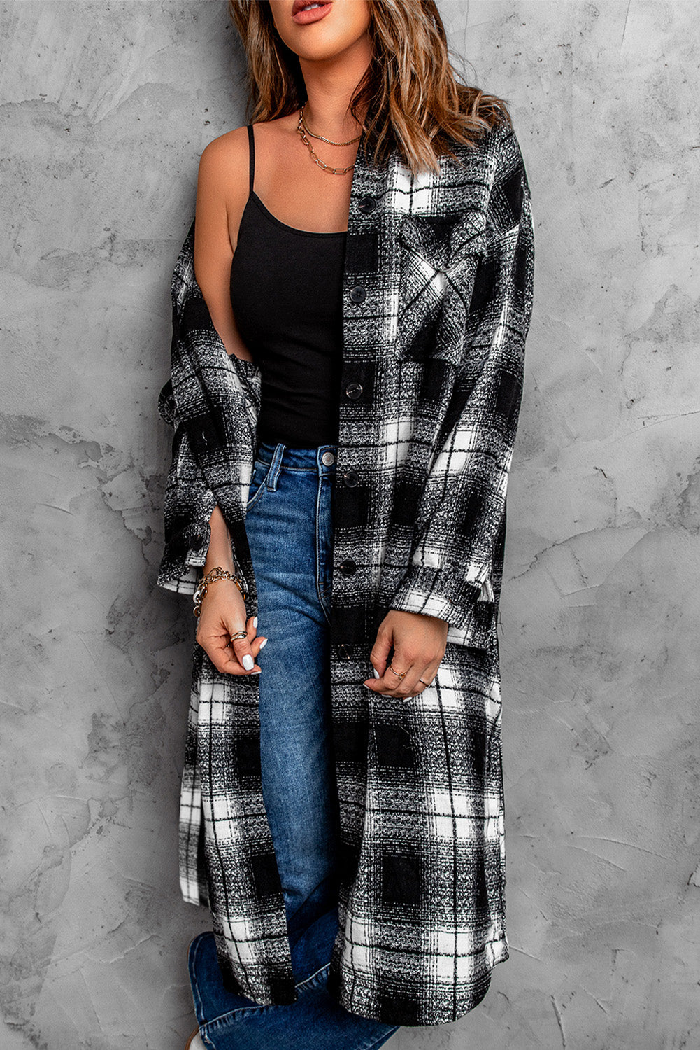 Plaid Button Down Dropped Shoulder Duster Coat