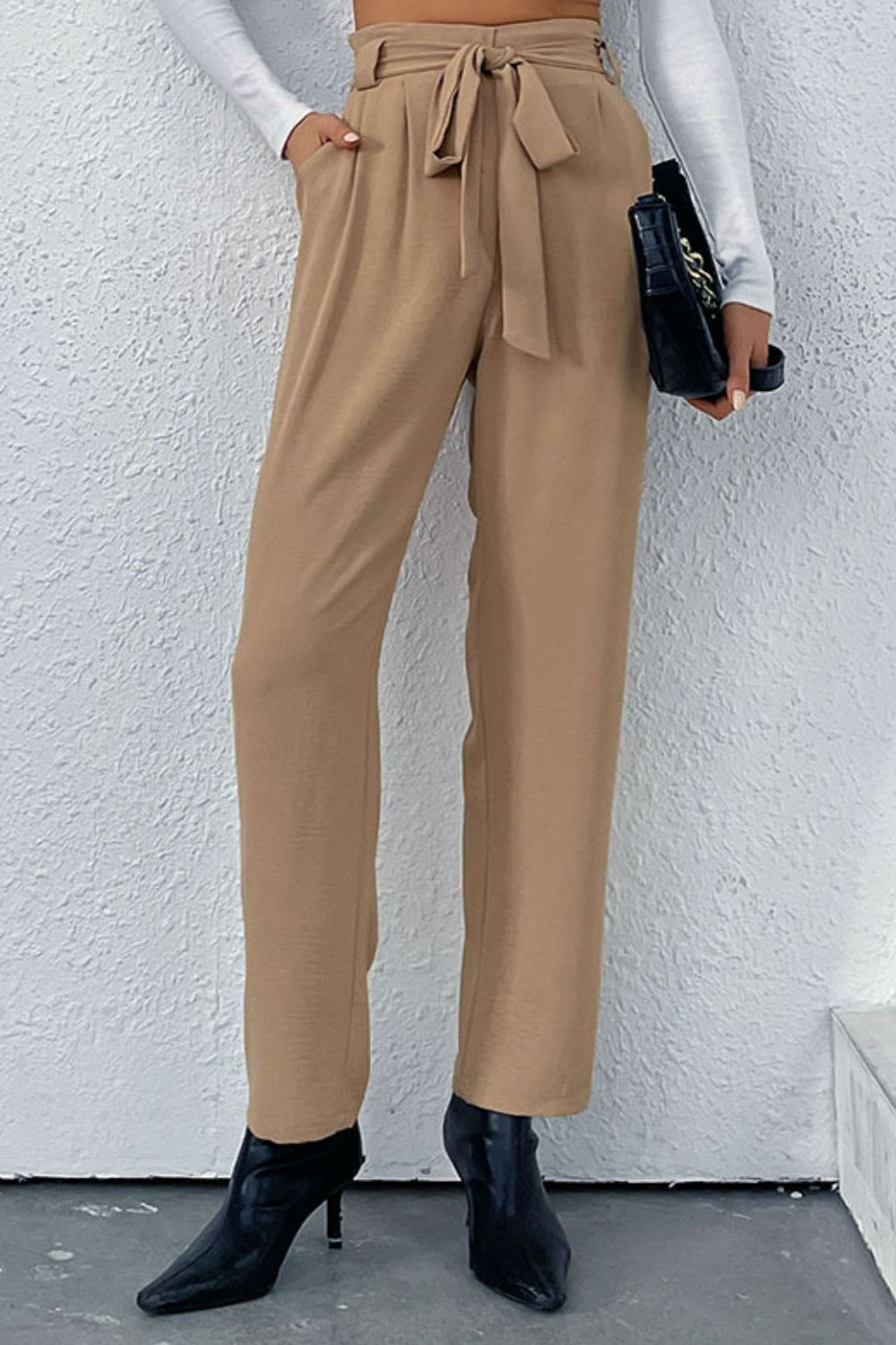 Belted Straight Leg Pants with Pockets - GlamZation