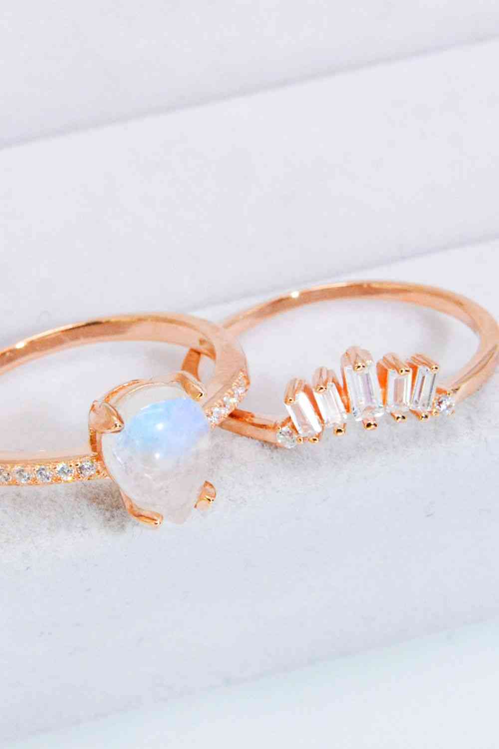 Natural Moonstone and Zircon 18K Rose Gold-Plated Two-Piece Ring Set