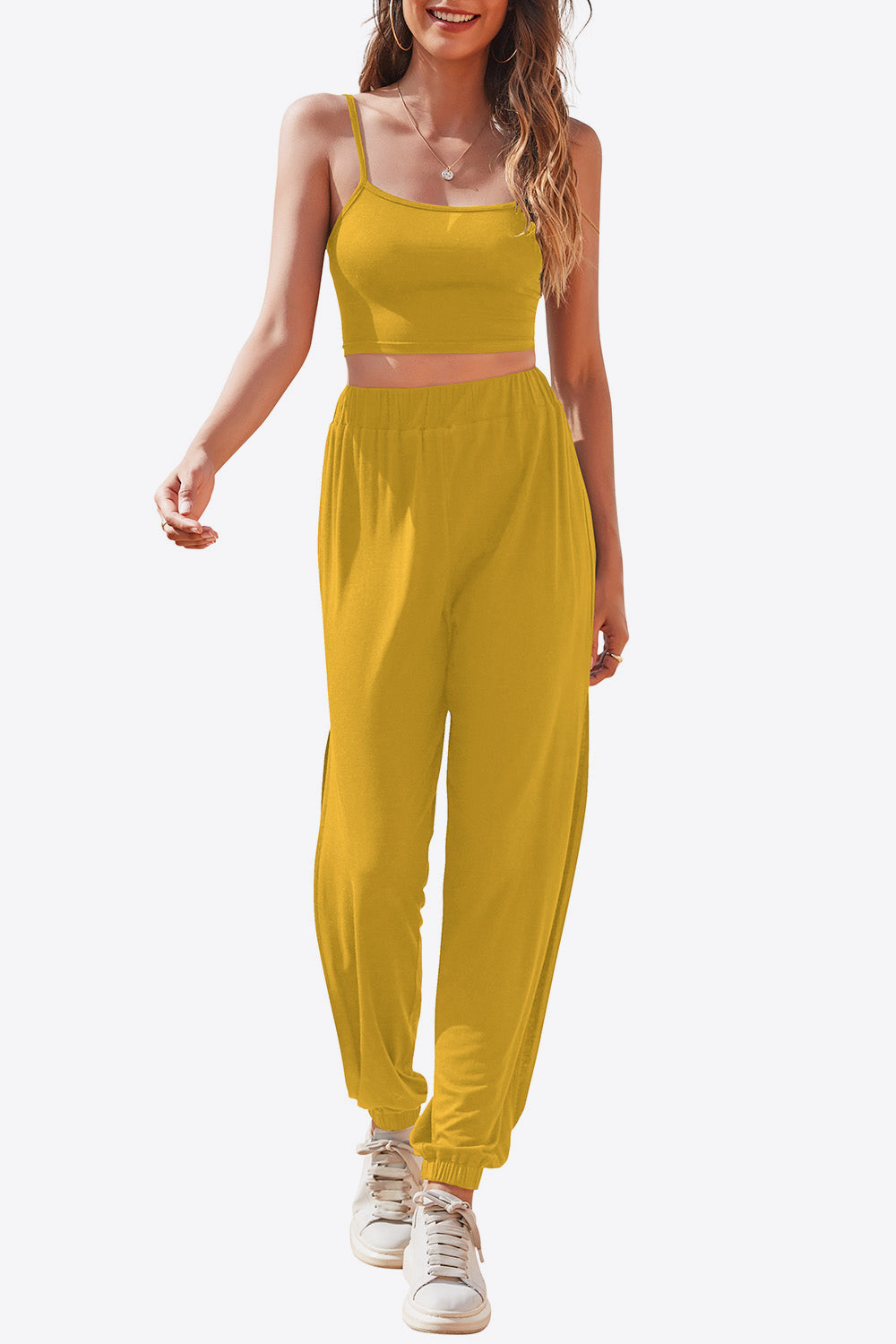 Cropped Cami and Side Split Joggers Set - GlamZation