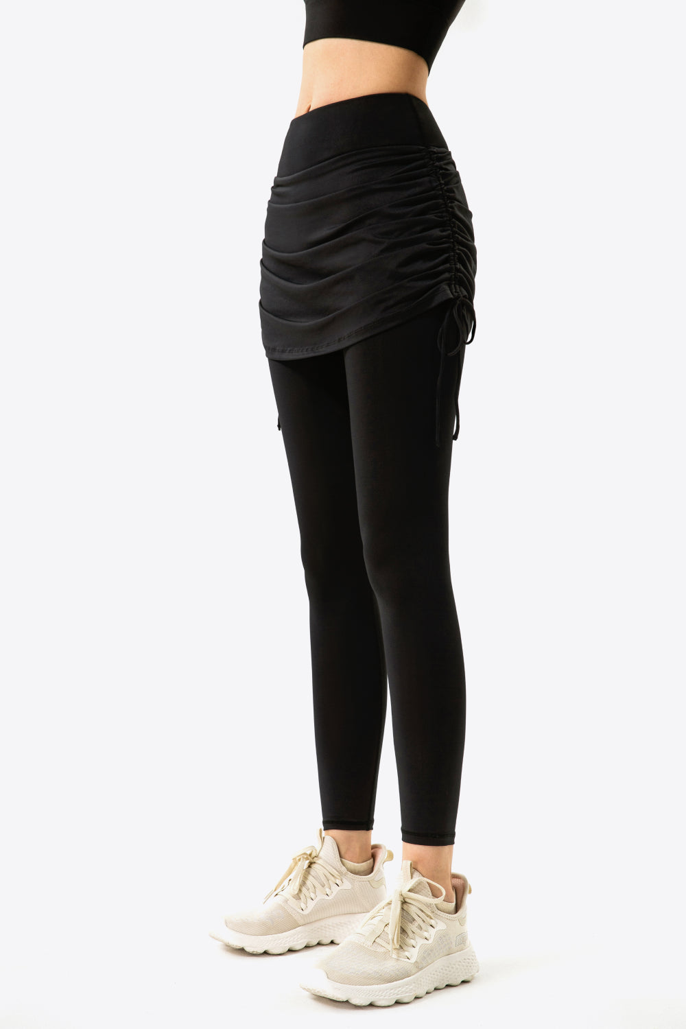 Drawstring Ruched Faux Layered Yoga Leggings - GlamZation