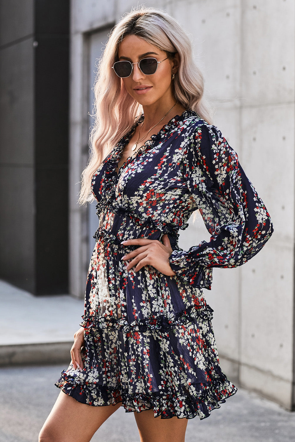 Floral Frill Trim Plunge Flounce Sleeve Dress