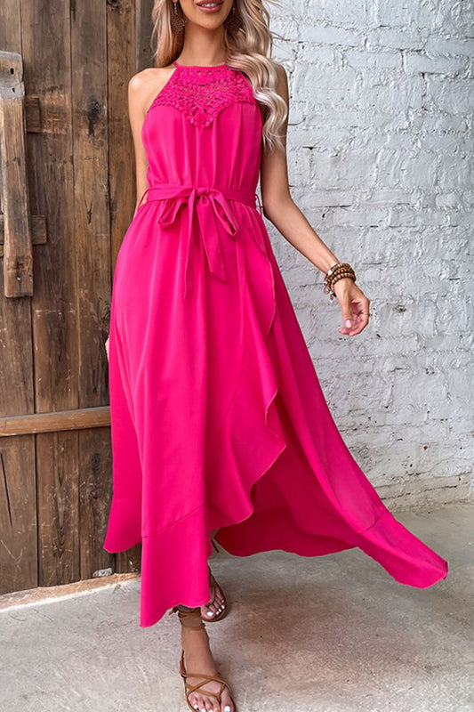 Belted Crochet Yoke Frill Trim Dress - GlamZation