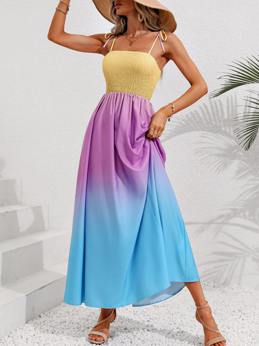 Color Block Tie Shoulder Smocked Maxi Dress - GlamZation