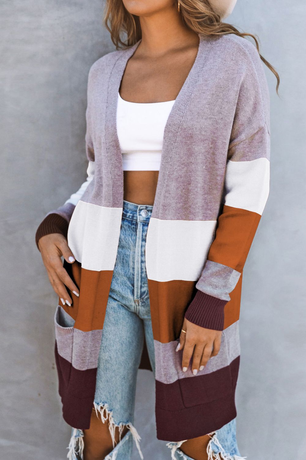 Color Block Open Front Ribbed Cuff Cardigan with Pockets - GlamZation