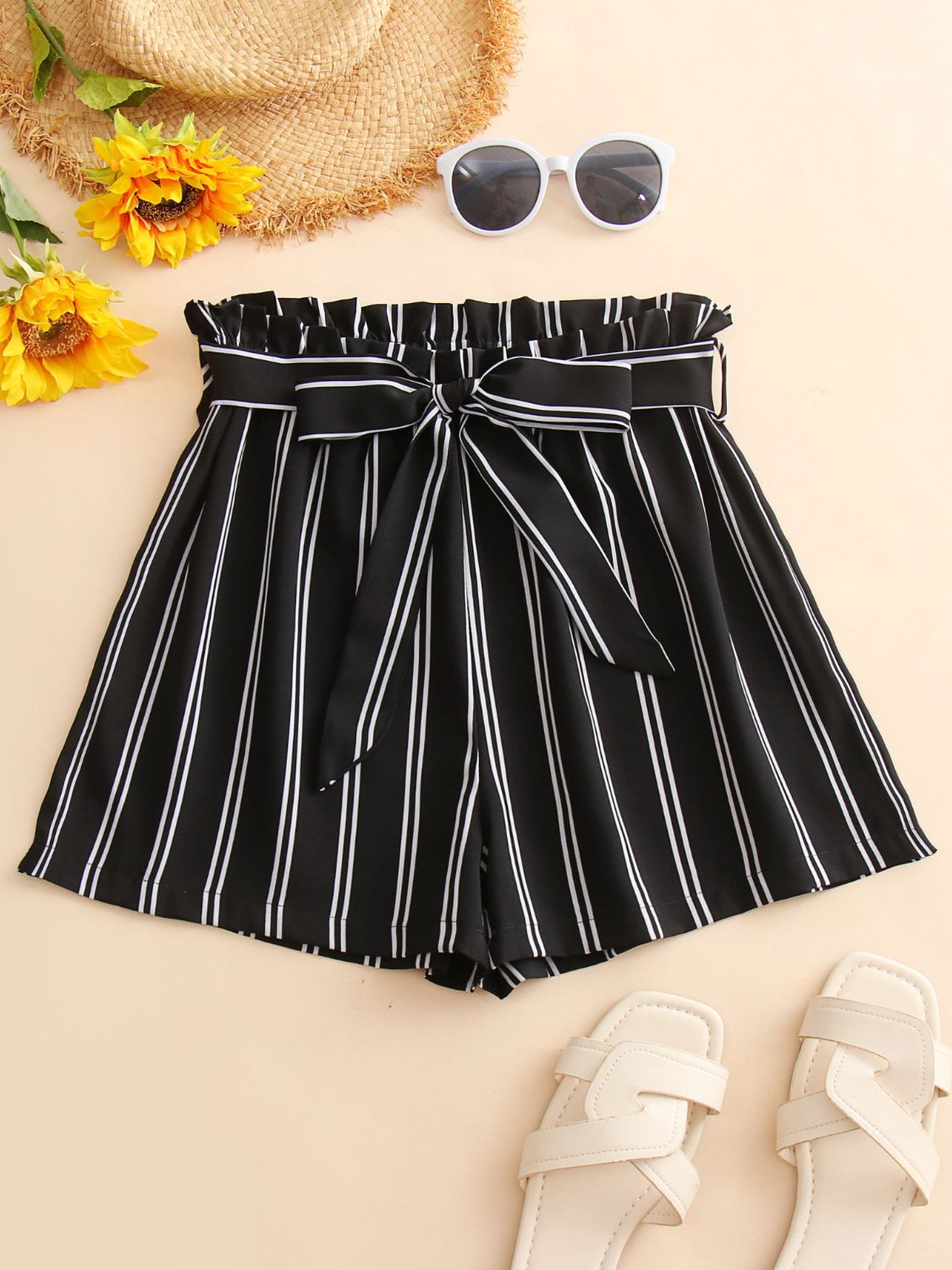 Striped Tie Belt Shorts