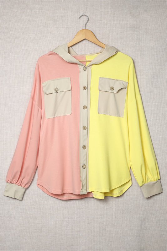 Color Block Button Down Hooded Shirt Jacket - GlamZation