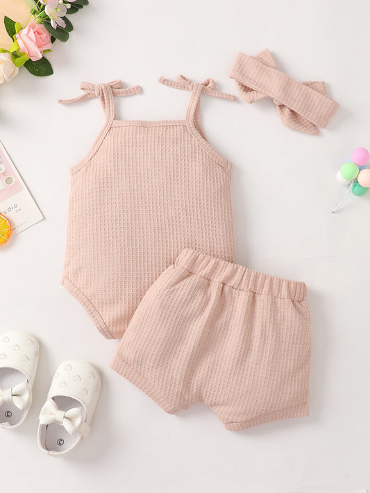 Baby Girl Waffle-Knit Tie-Shoulder Top and Shorts Set - GlamZation