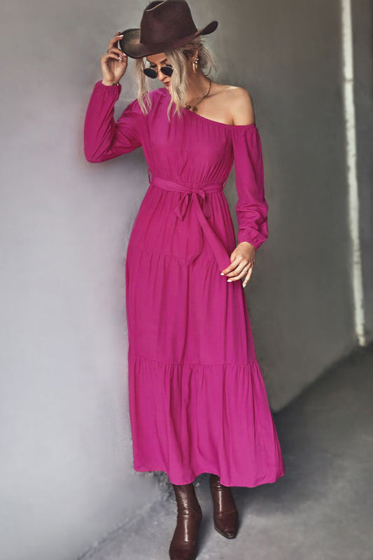 Belted One-Shoulder Tiered Maxi Dress - GlamZation