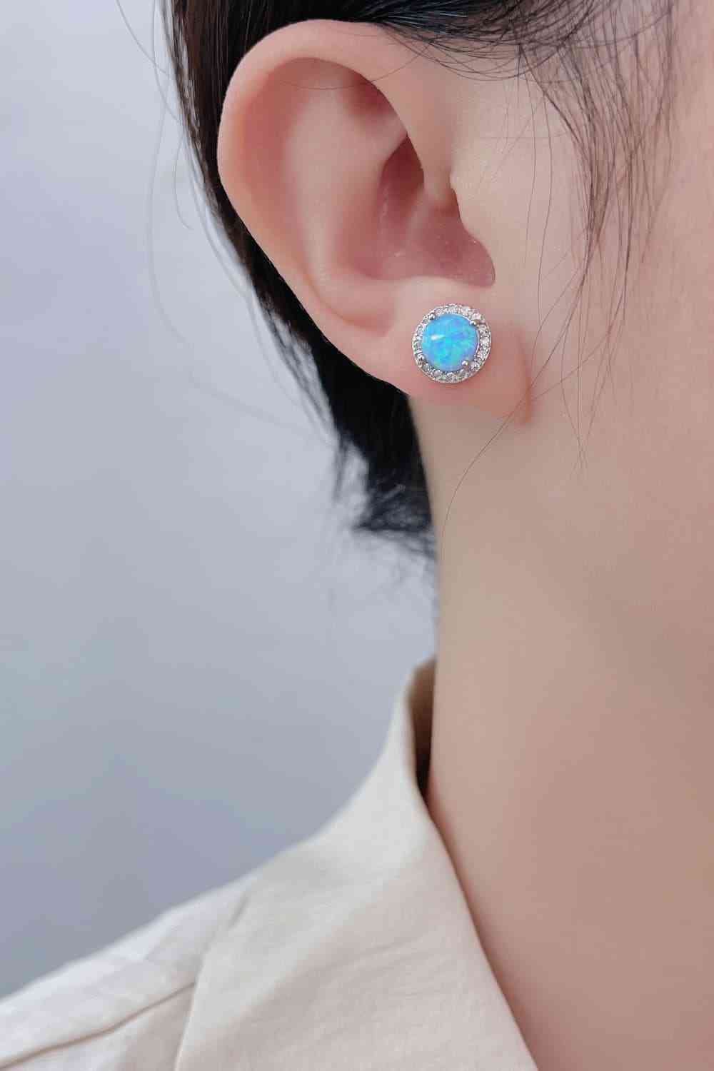 925 Sterling Silver Platinum-Plated Opal Round Stud Earrings