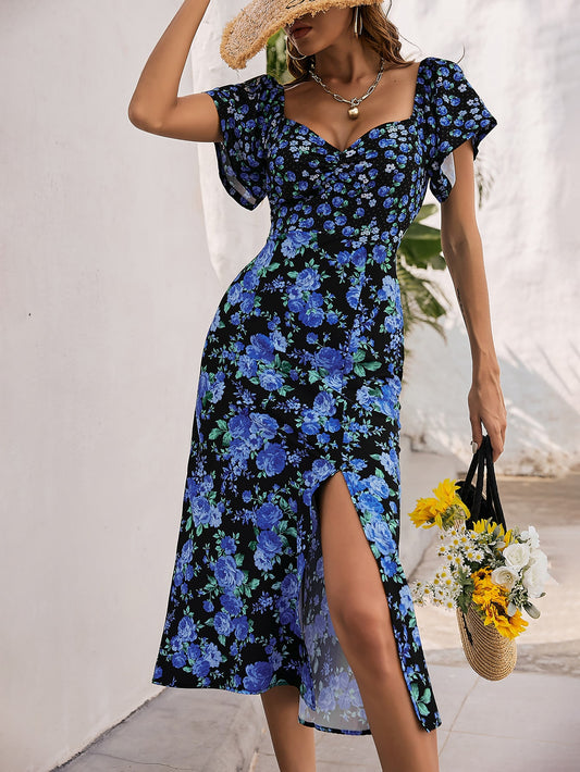 Floral Flutter Sleeve Slit Hem Midi Dress - GlamZation