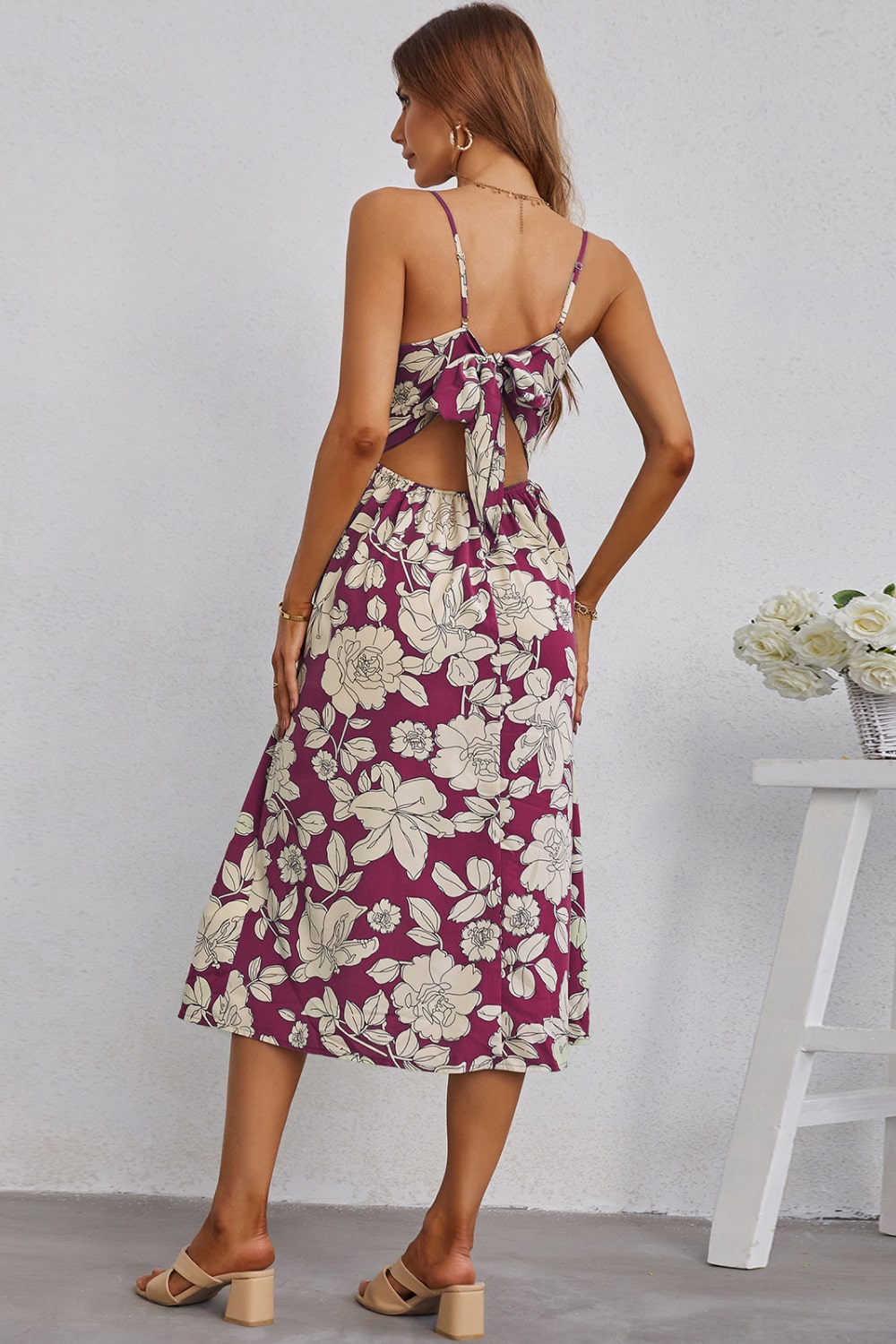 Floral Cutout Bow Detail V-Neck Dress - GlamZation