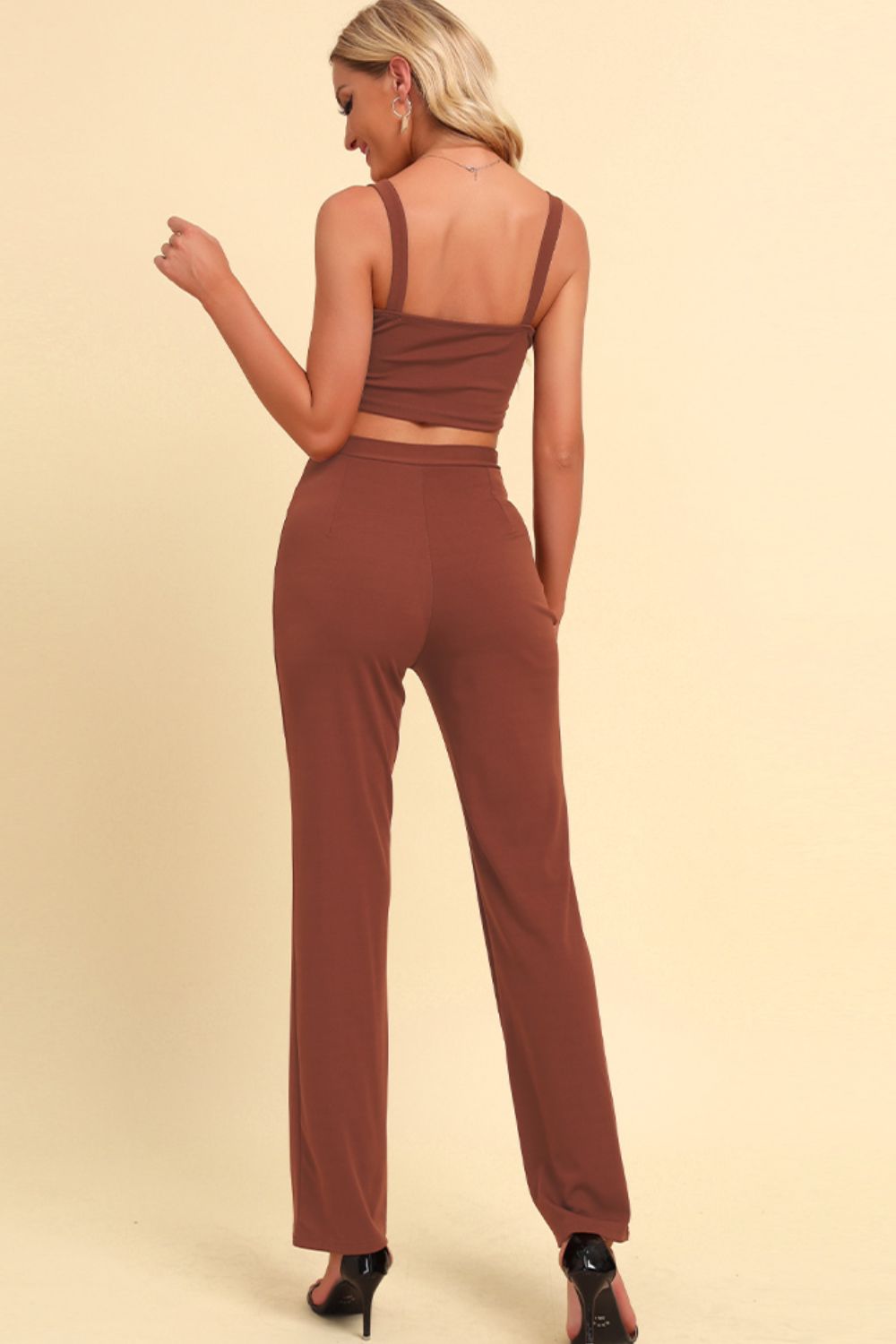 Chain Detail Cropped Cami and Straight Leg Pants Set - GlamZation