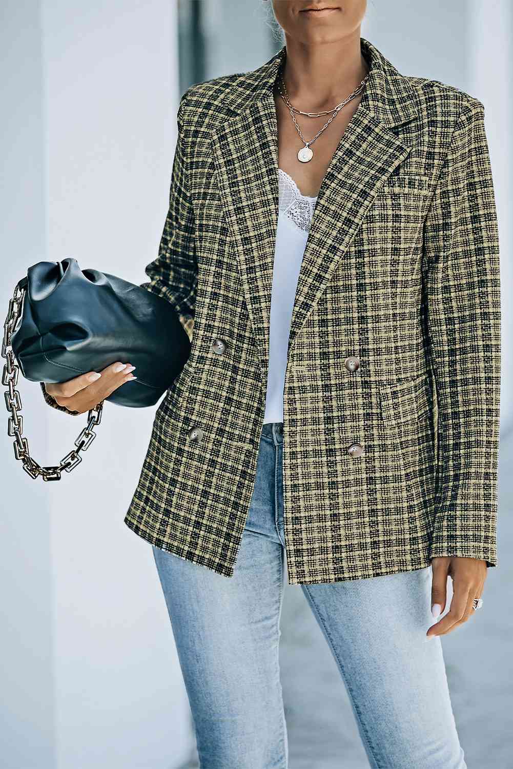 Plaid Double-Breasted Long Sleeve Blazer