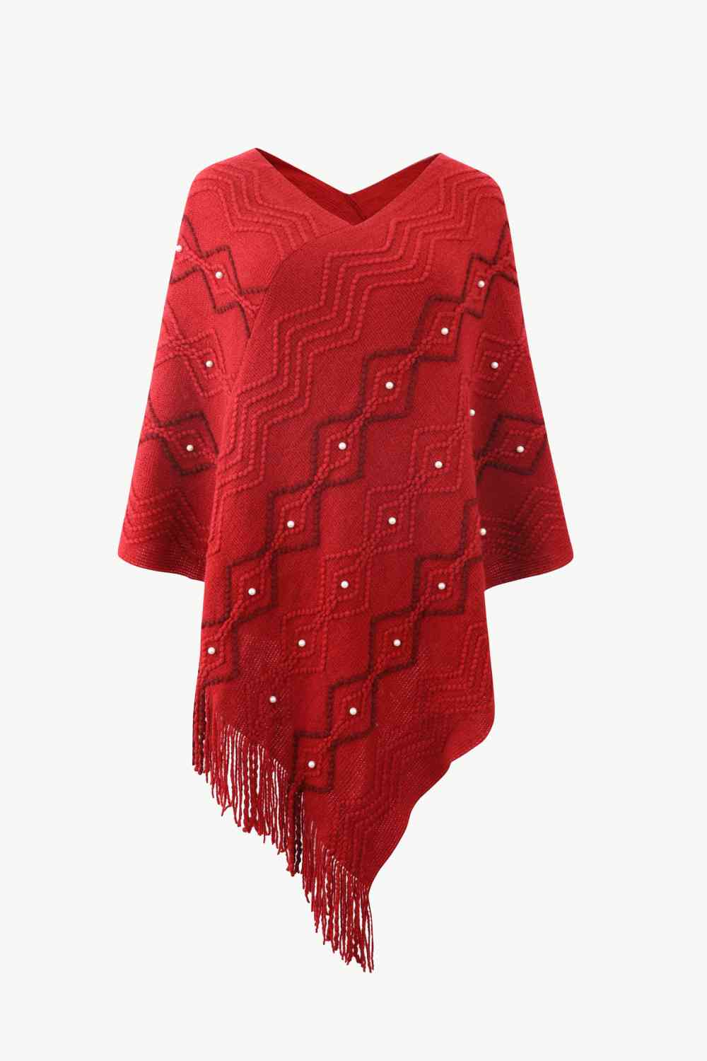 Pearl Trim V-Neck Fringe Hem Poncho