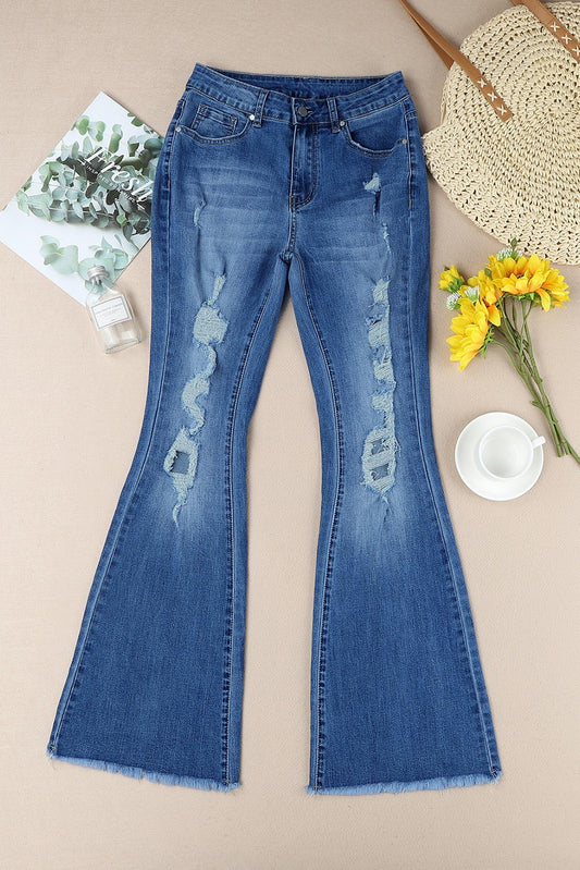 Distressed Frayed Hem Flare Jeans - GlamZation