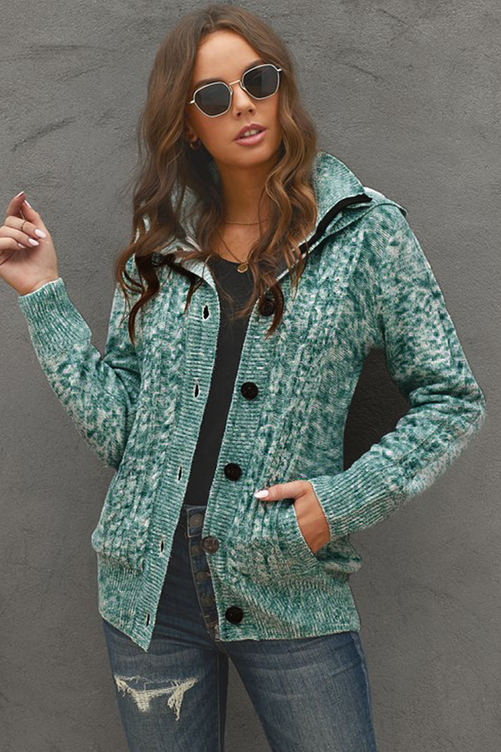 Cable-Knit Fleece Lining Button-Up Hooded Cardigan - GlamZation