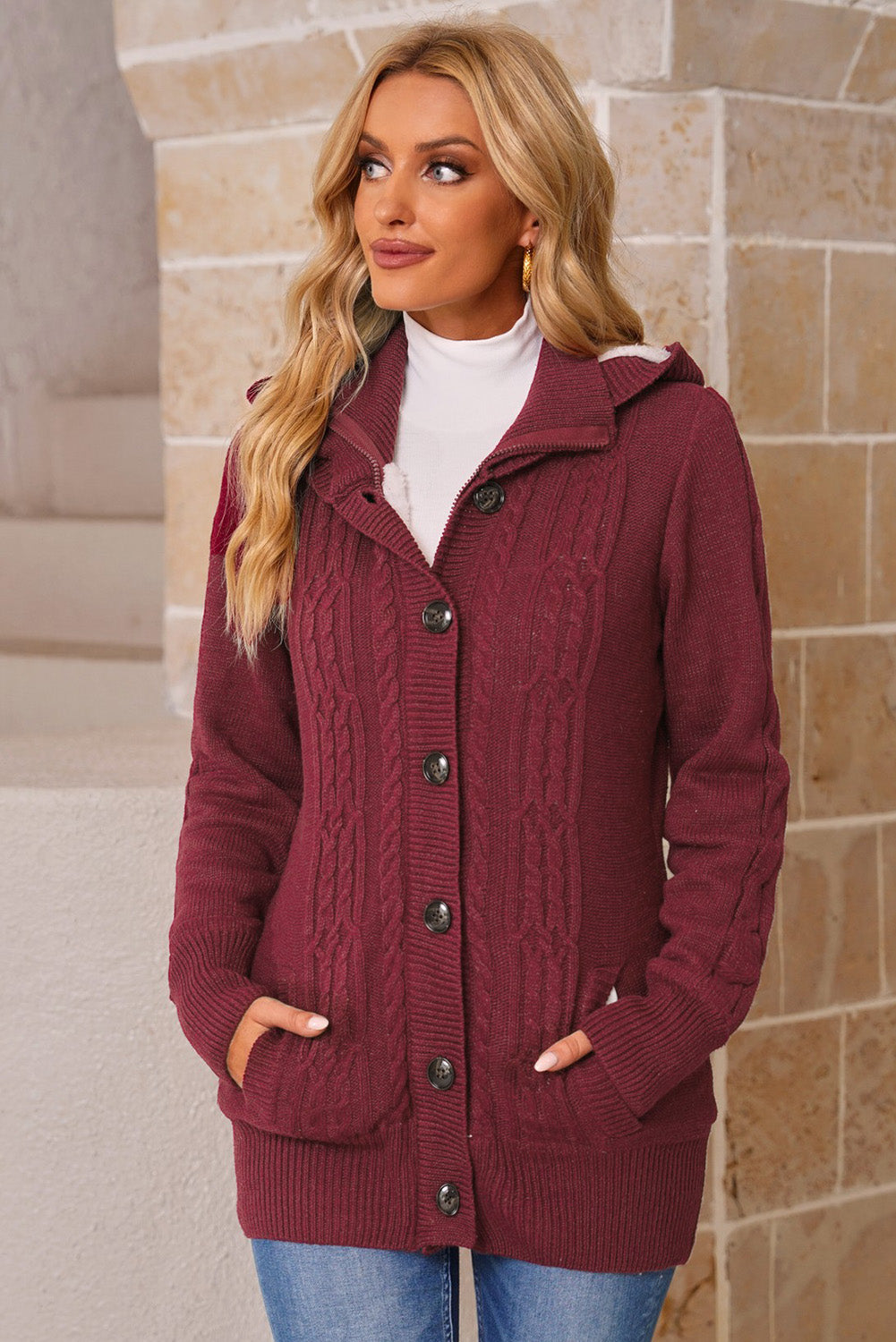 Cable-Knit Fleece Lining Button-Up Hooded Cardigan - GlamZation