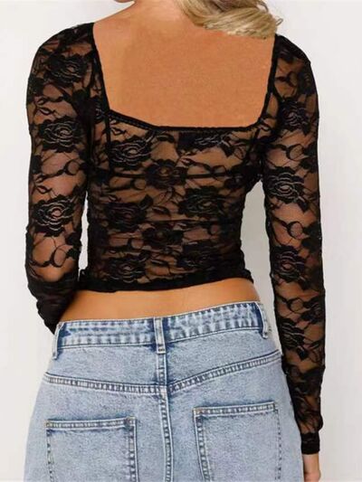 Lace Sweetheart Neck Long Sleeve T-Shirt