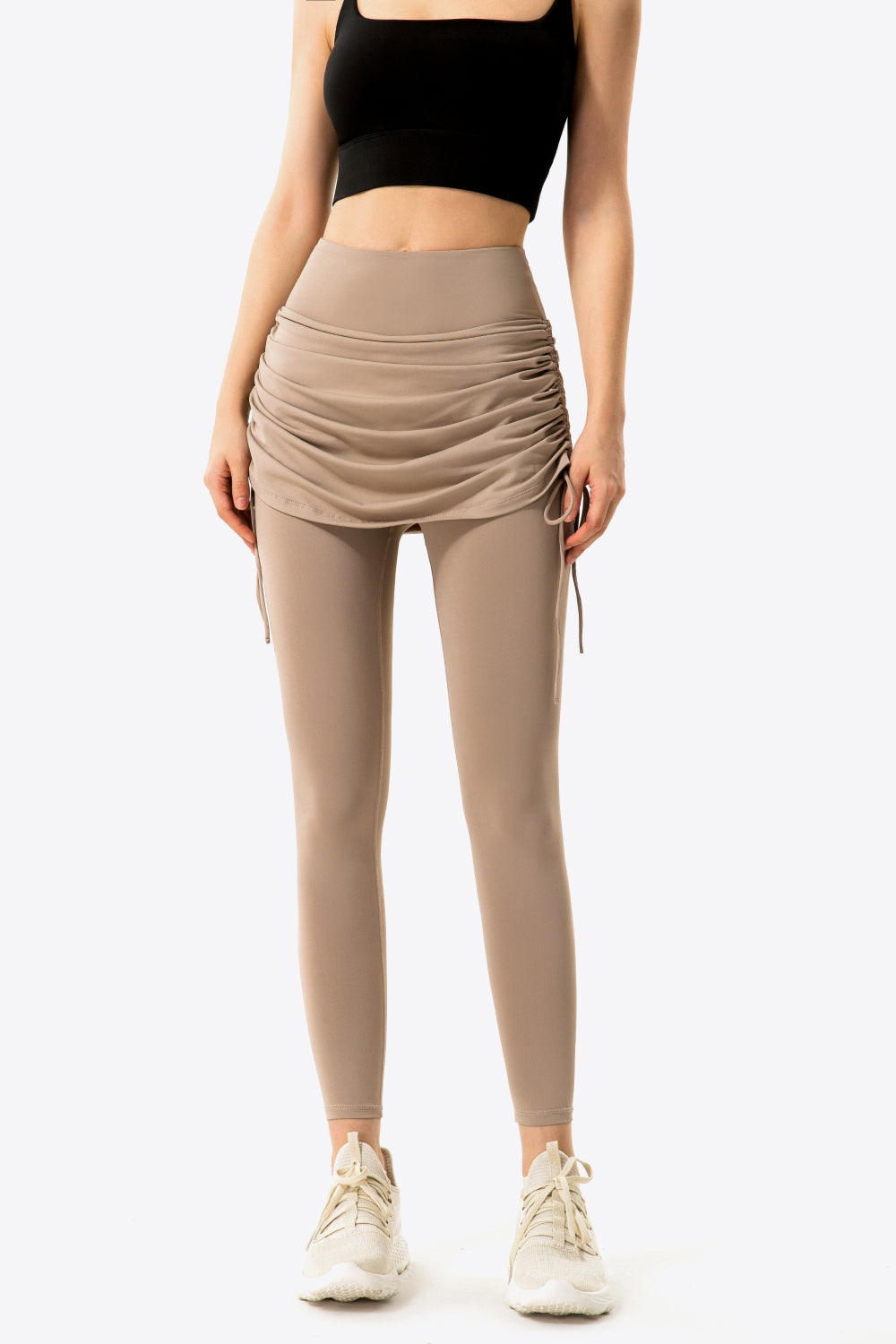 Drawstring Ruched Faux Layered Yoga Leggings - GlamZation