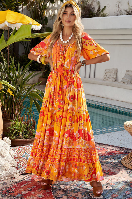 Bohemian Tie-Waist Tiered Maxi Dress - GlamZation