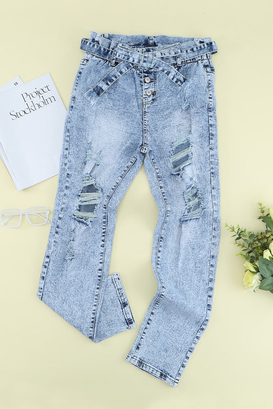 Acid Wash Belted Button Fly Distressed Jeans - GlamZation