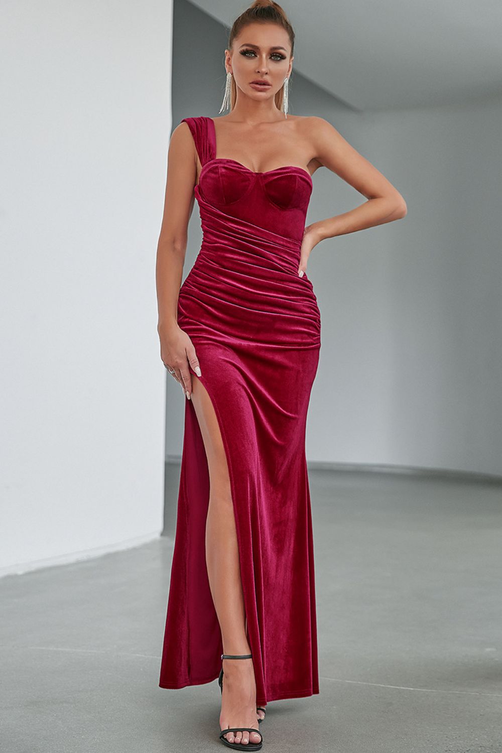 Velvet Split One-Shoulder Maxi Dress