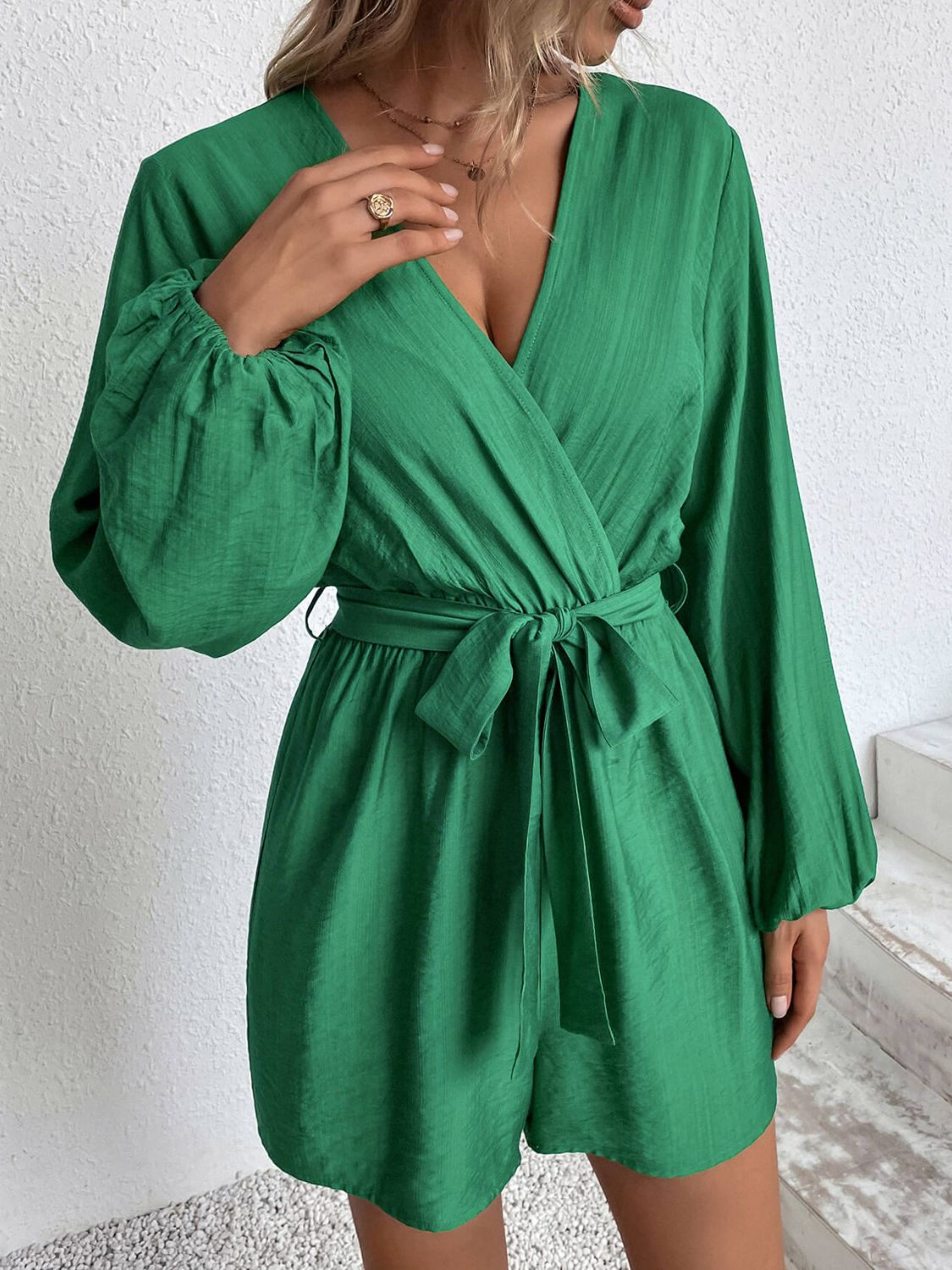 Tie-Waist Balloon Sleeve Surplice Romper