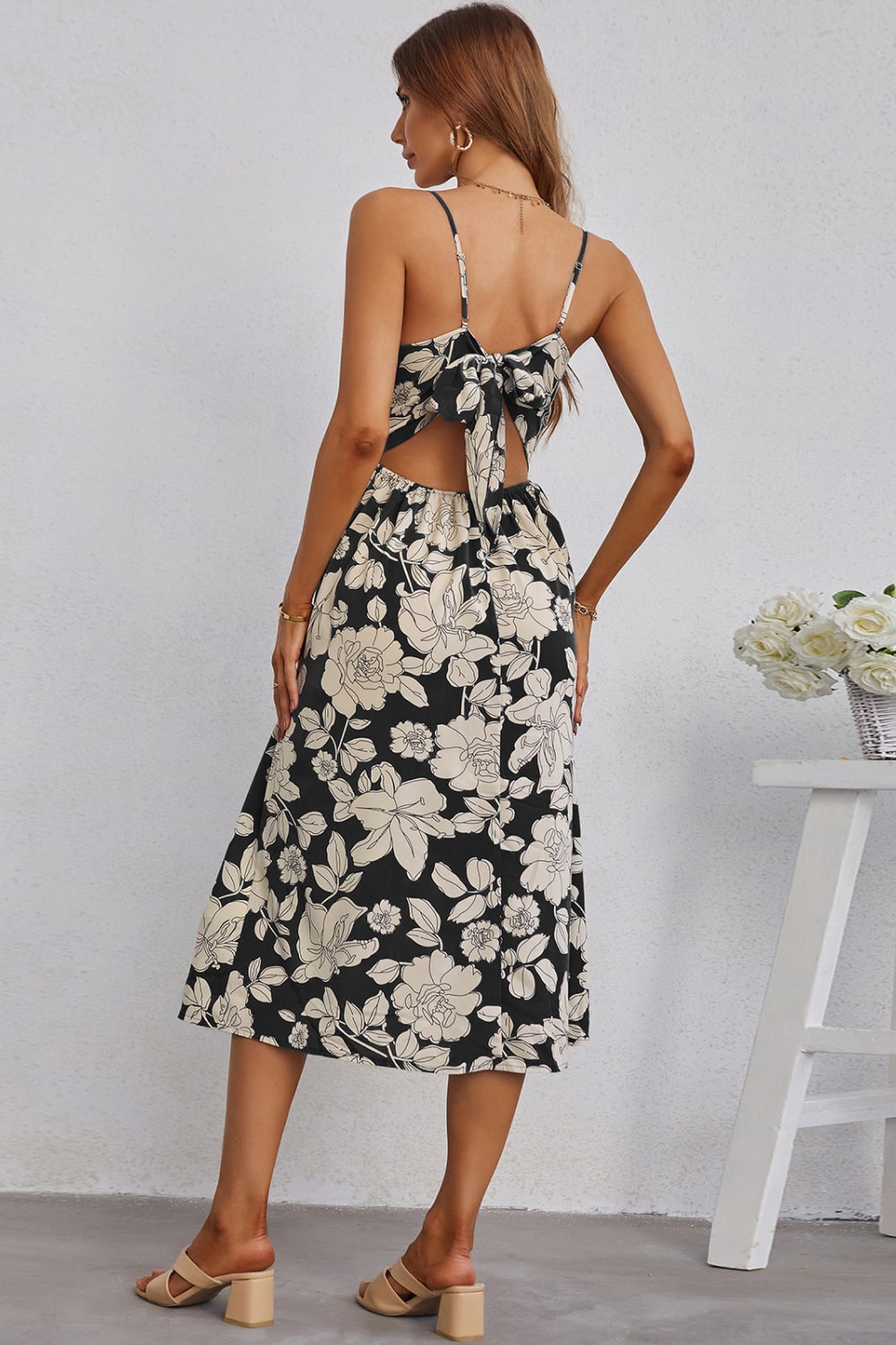 Floral Cutout Bow Detail V-Neck Dress - GlamZation