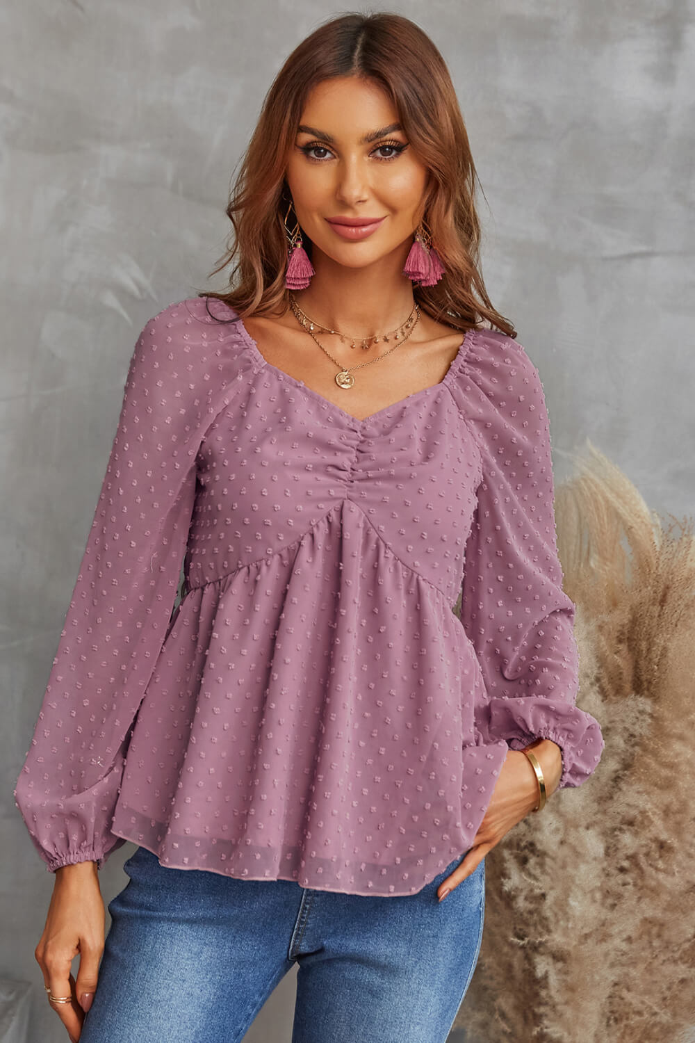 Swiss Dot Ruched V-Neck Babydoll Blouse - GlamZation