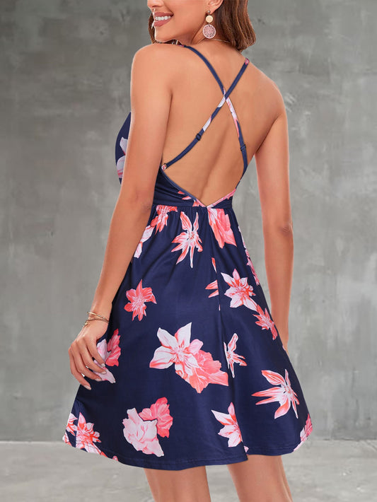 Floral Surplice Backless Dress - GlamZation