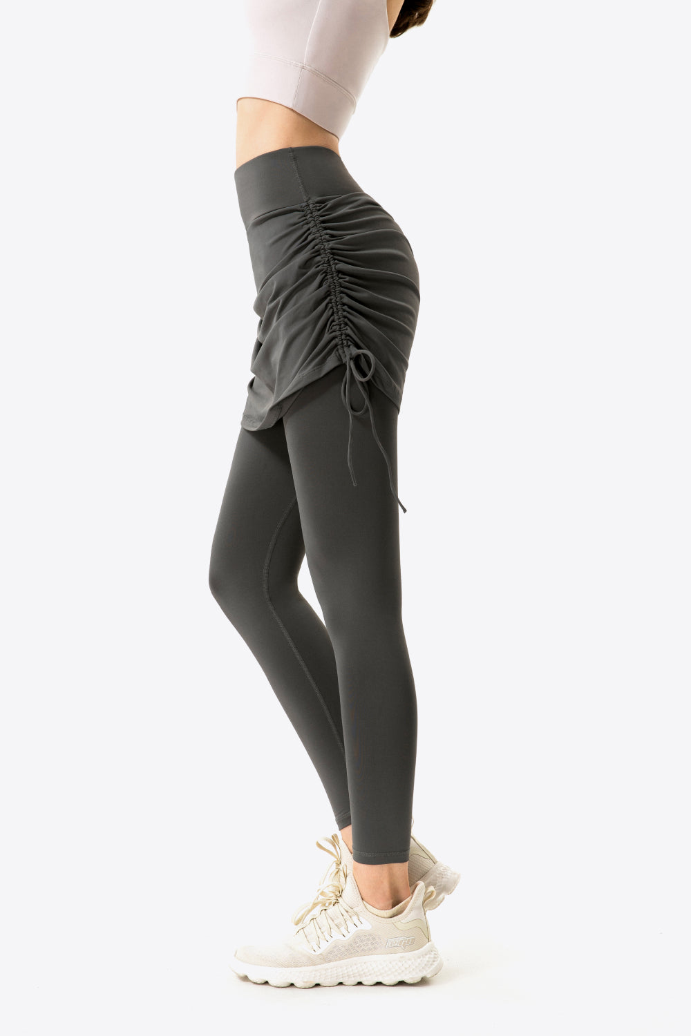 Drawstring Ruched Faux Layered Yoga Leggings - GlamZation