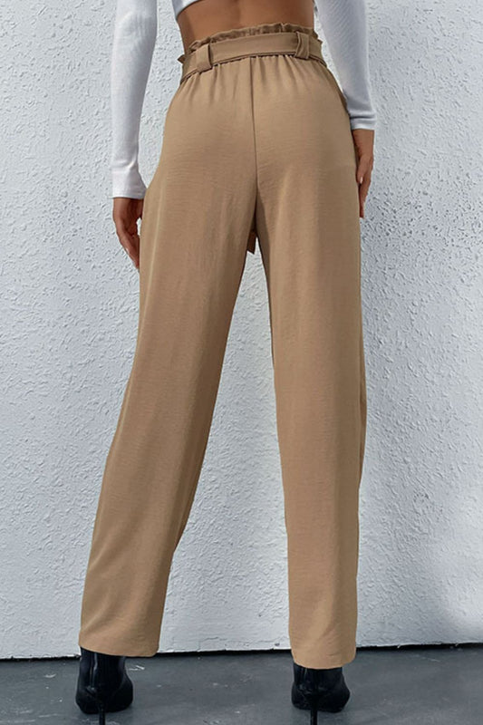 Belted Straight Leg Pants with Pockets - GlamZation