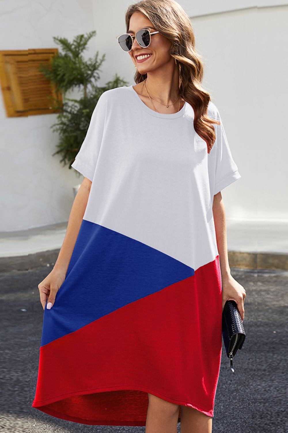 Color Block Round Neck Short Sleeve Dress