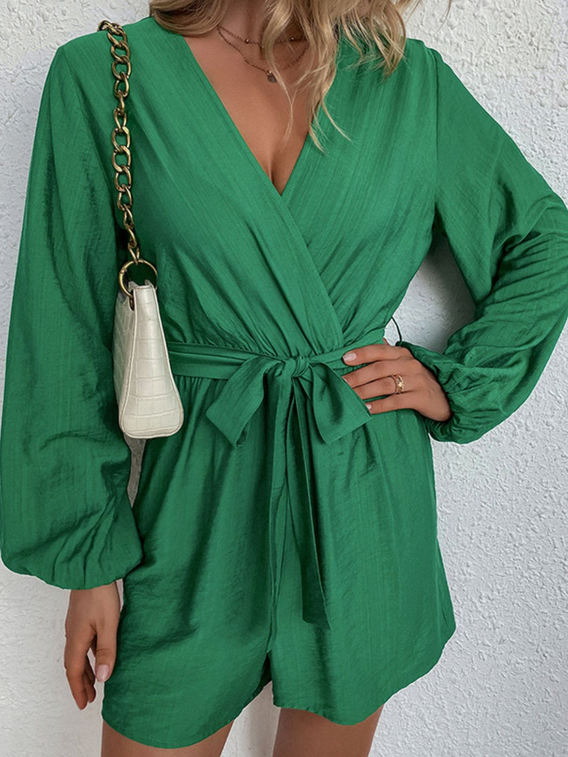 Tie-Waist Balloon Sleeve Surplice Romper