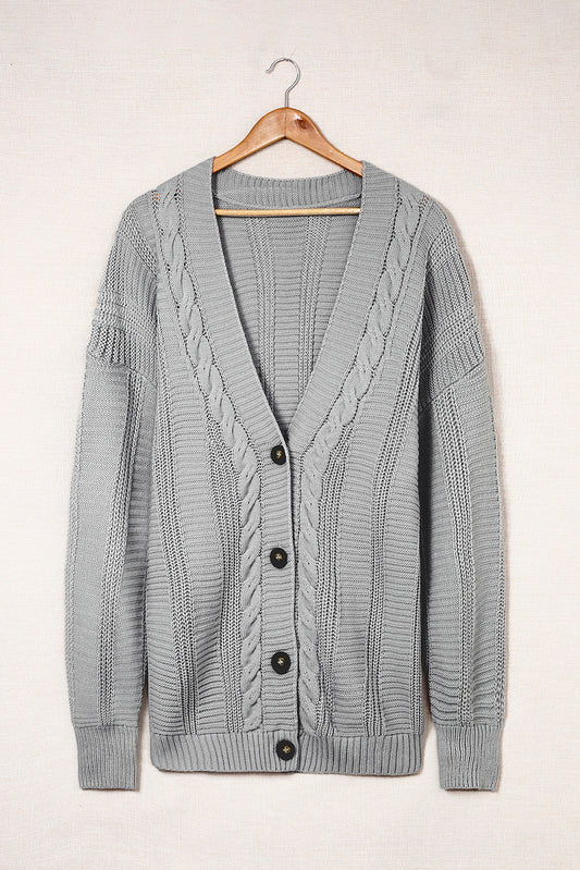 Cable-Knit Button Front V-Neck Cardigan - GlamZation