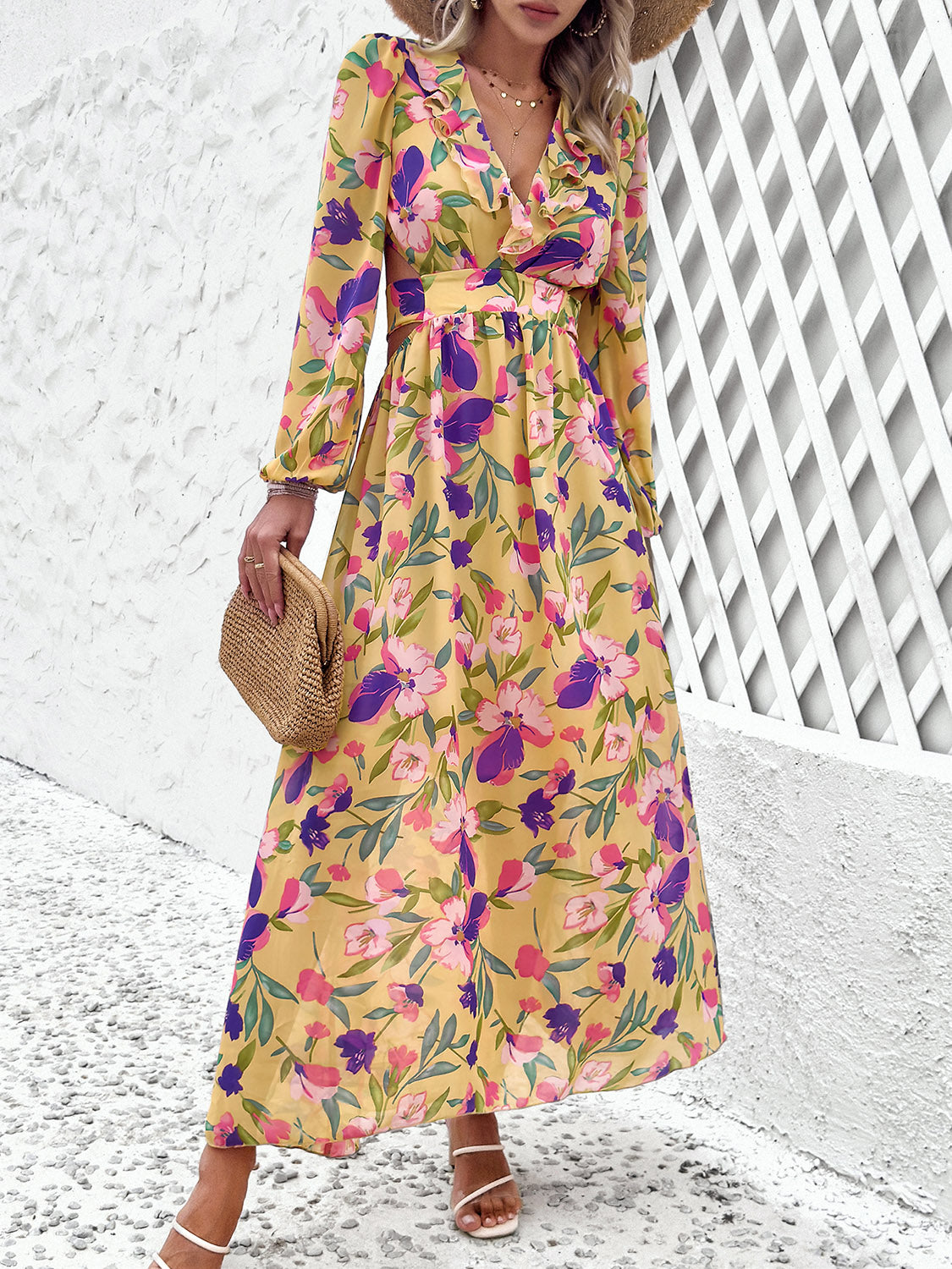 Cutout Printed V-Neck Balloon Sleeve Dress