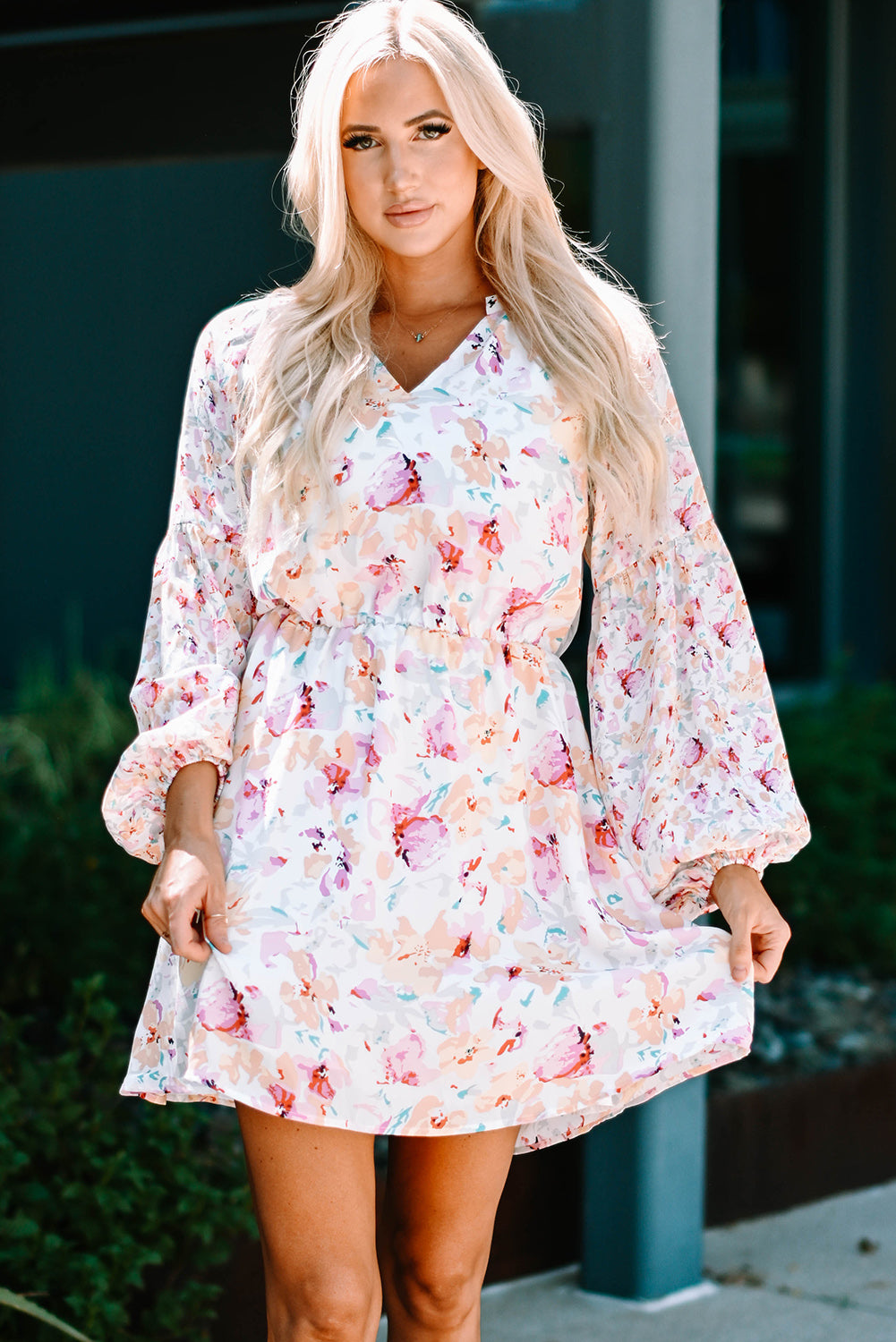 Floral Bubble Sleeve V-Neck Dress - GlamZation