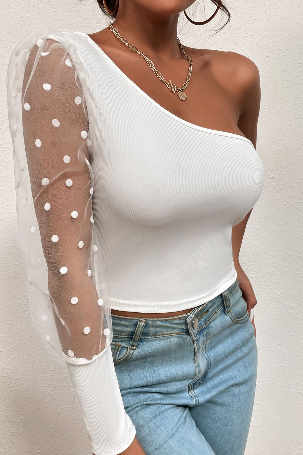 Polka Dot Spliced Mesh Sleeve Cropped Top - GlamZation