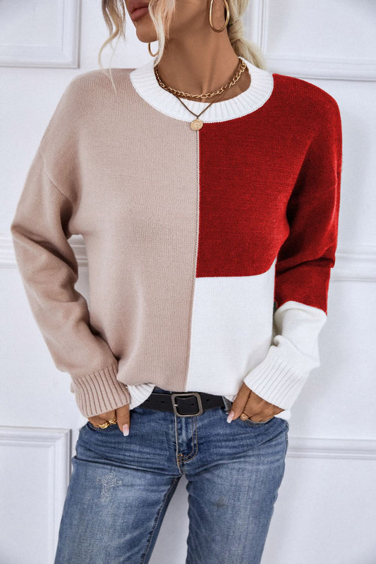 Contrast Ribbed Trim Round Neck Sweater - GlamZation